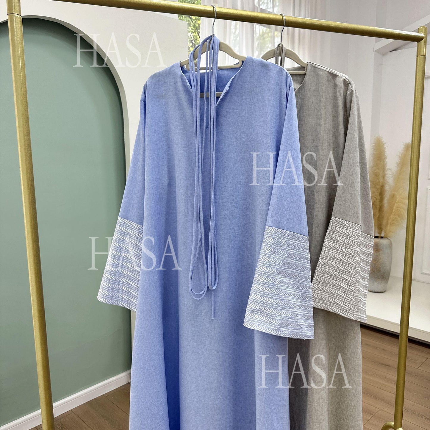 HS6490 Embroidered Panel Sleeve Long Dress