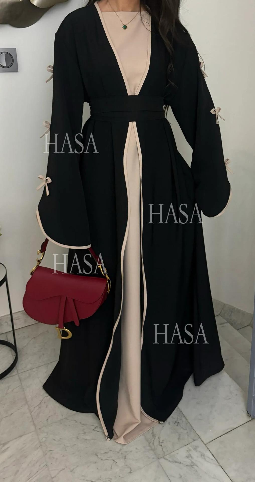 HS5862 Elegant Wavy-edge Bow Robe (with Belt) for A Feminine Look
