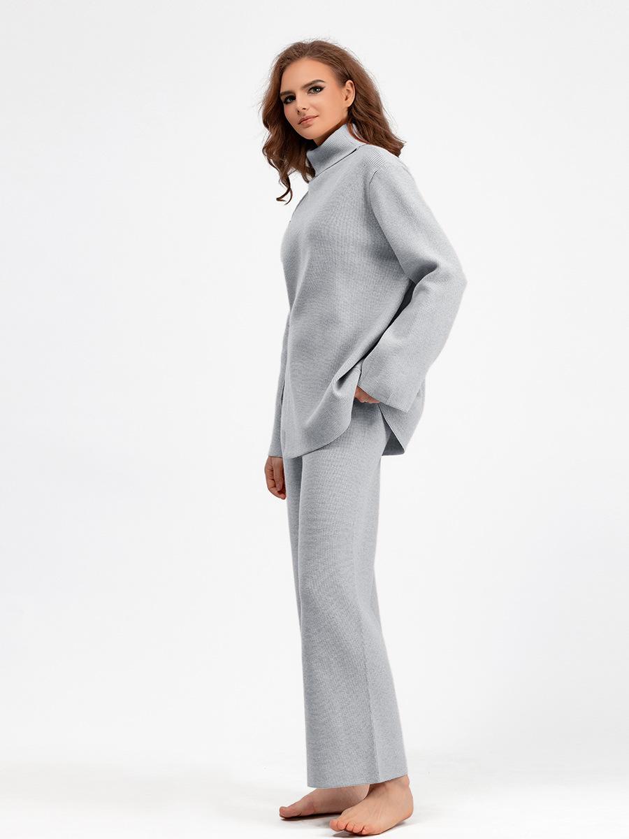 HS0553 Two-Piece Set High-Neck Sweater and Casual Wide-Leg Trousers