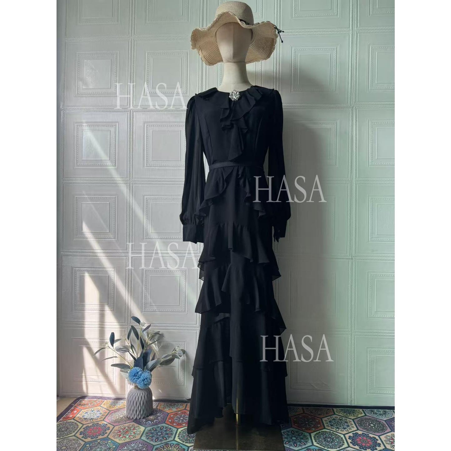 HS6733 Flowy Elegant Maxi Dress with Cascading Ruffles
