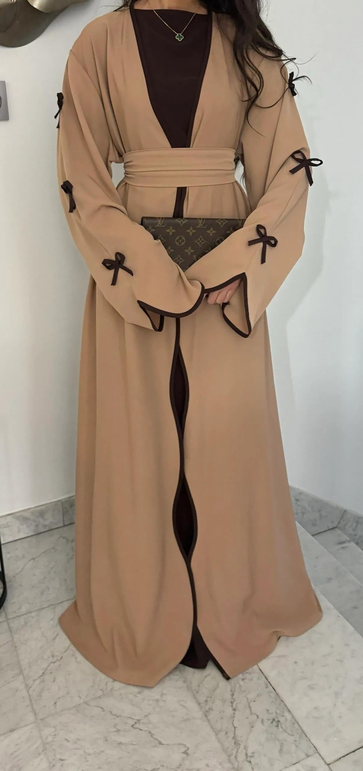 HS5883  A Two-piece Robe and Skirt Set with A Soft Bow and A Belt Design open abaya outfit