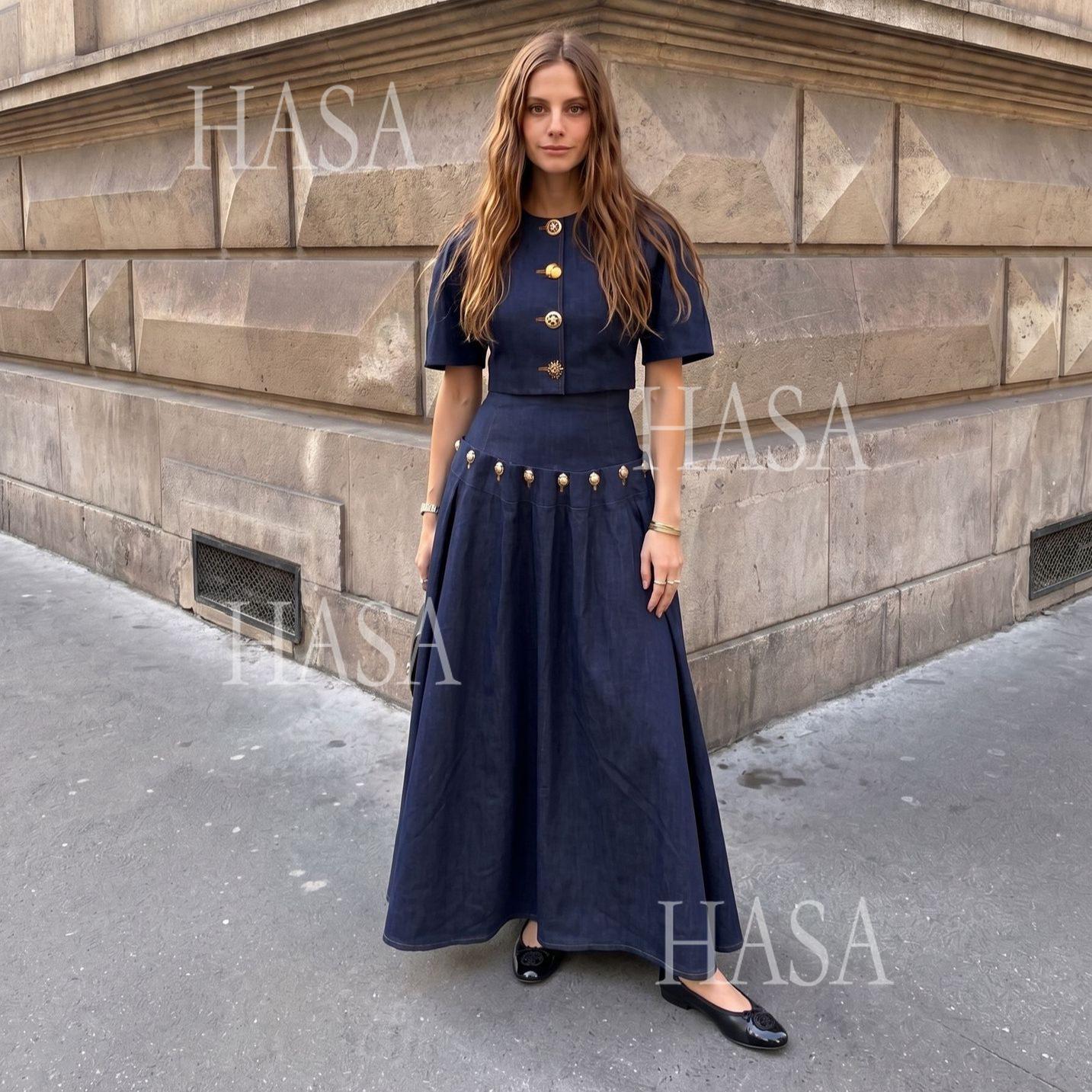 HASA HS6786 Luxury Look Dark Wash Denim Crop Top and Long Skirt Outfit