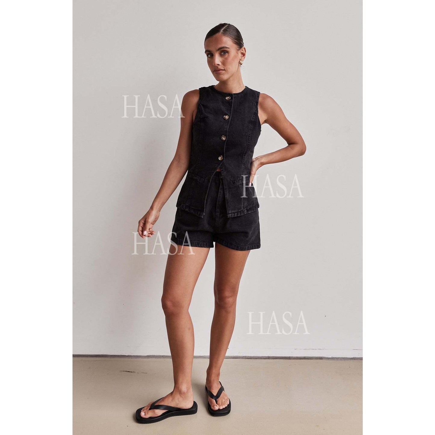 HASA HS6097 Women’s Button Front Denim Top with Matching Shorts