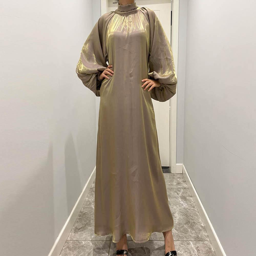 فستان حريري لامع طويل بأكمام واسعة من سلسلة HS10043 HASA، بياقة واقفة وربطة ظهر، فستان نسائي عباية