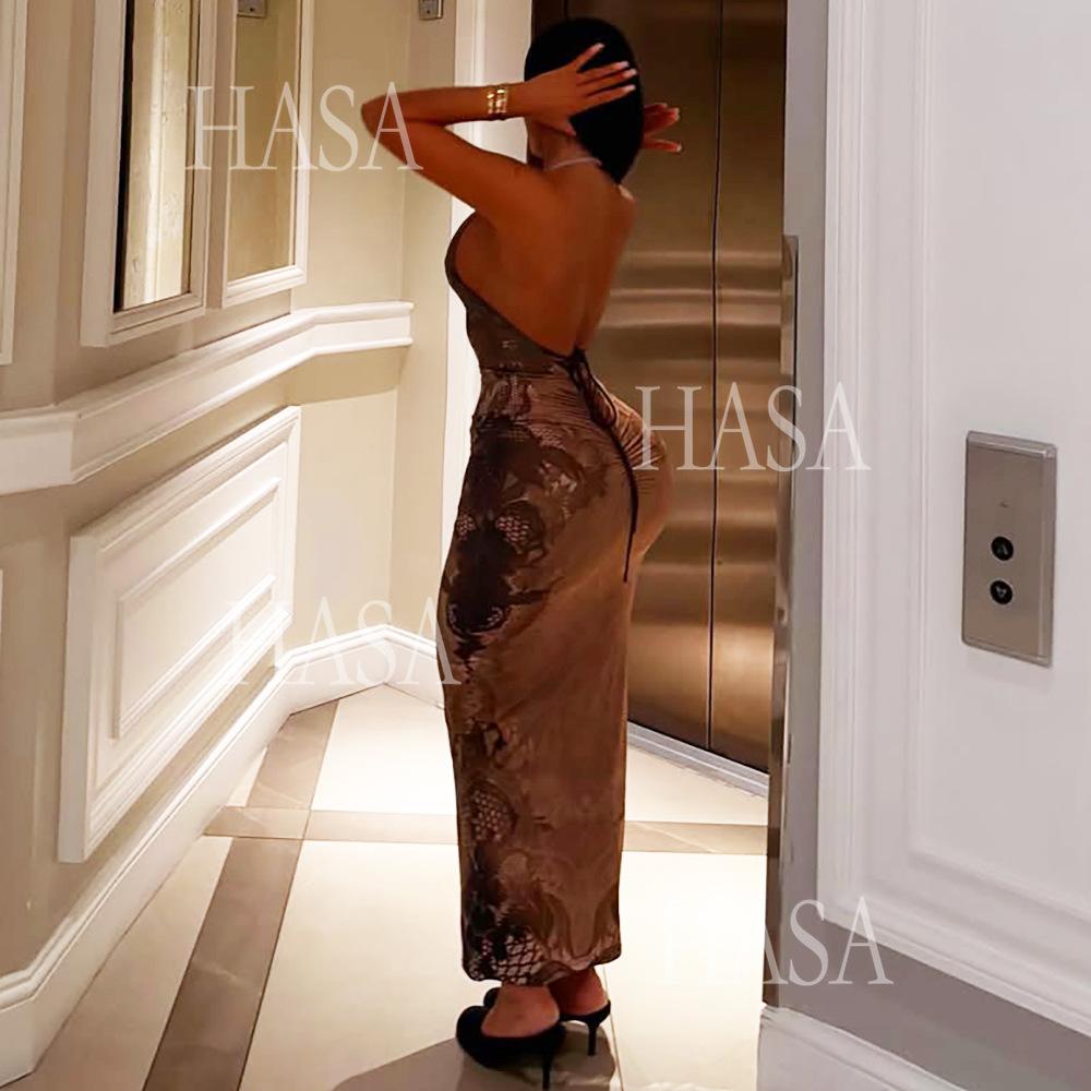 HASA HS6768 Elegant Open Back Slim Fit Maxi Dress