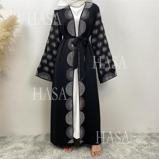HS6588 Black Cardigan Dress with Rhinestone Embellishment and Pockets