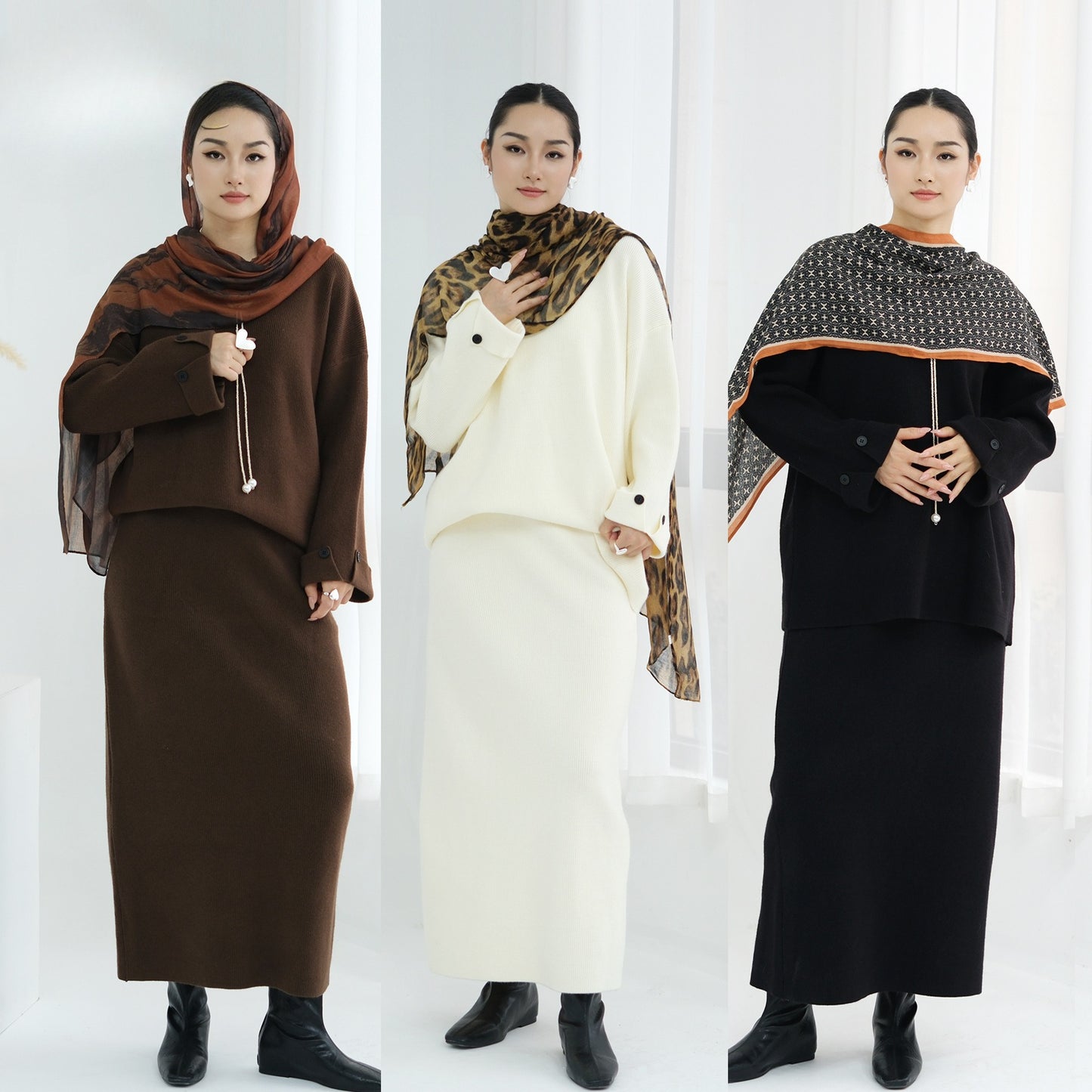 HS6601 Autumn and Winter Thickened Knitted Suit Solid Color Two-piece Skirt Suit (optional Headscarf)