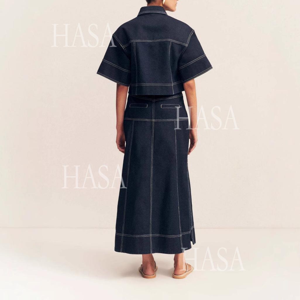 HASA HS6794 Trendy Dark Wash Denim Maxi Skirt Matching Set