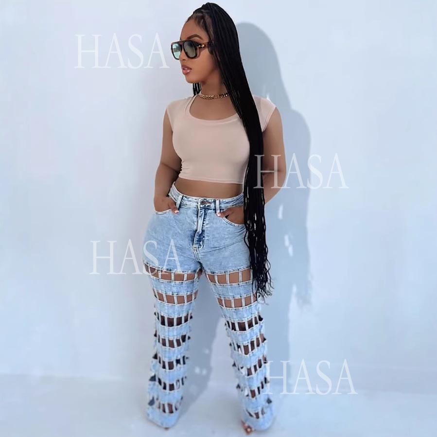 HASA HS6778 Statement High Waist Denim Pants with Cutout Leg Detail