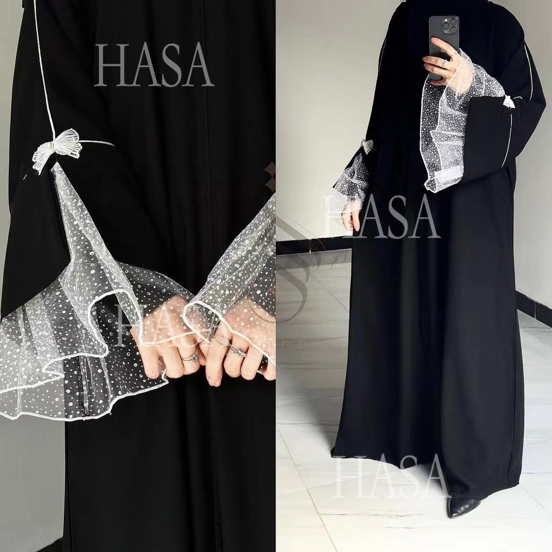 HASA's series HS6563 Elegant Lace Paneled Bow Cuff Robe Dress