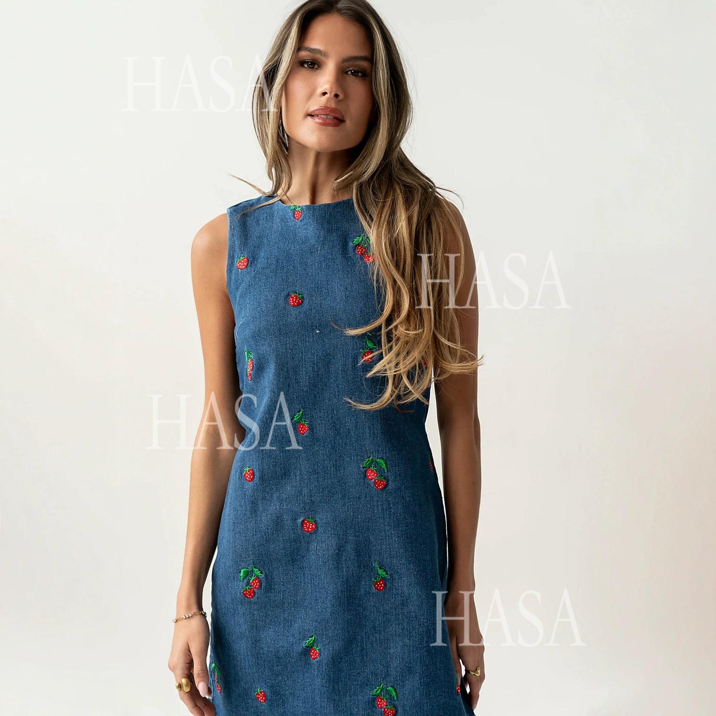 HASA HS6785 Sweet Strawberry Denim Mini Dress for Everyday Street Style