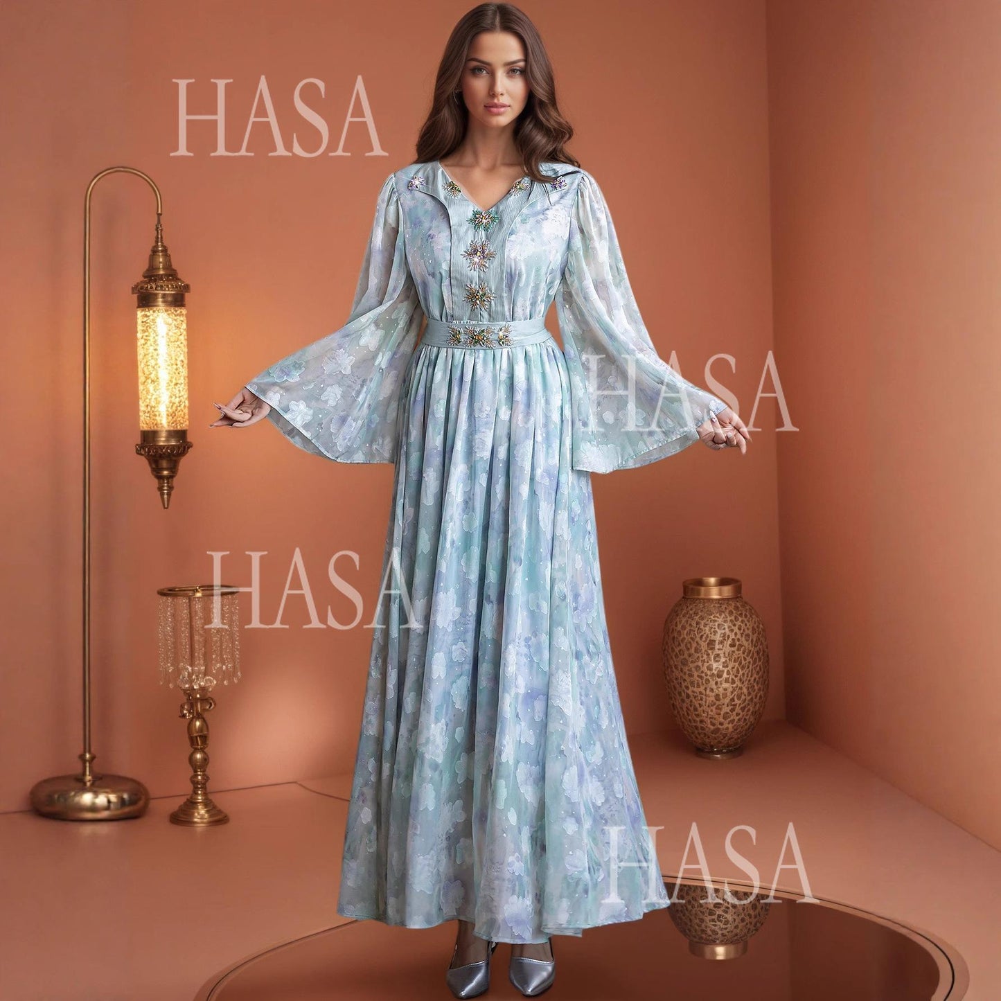 HASA HS6776 Soft Blue Occasion Maxi Dress