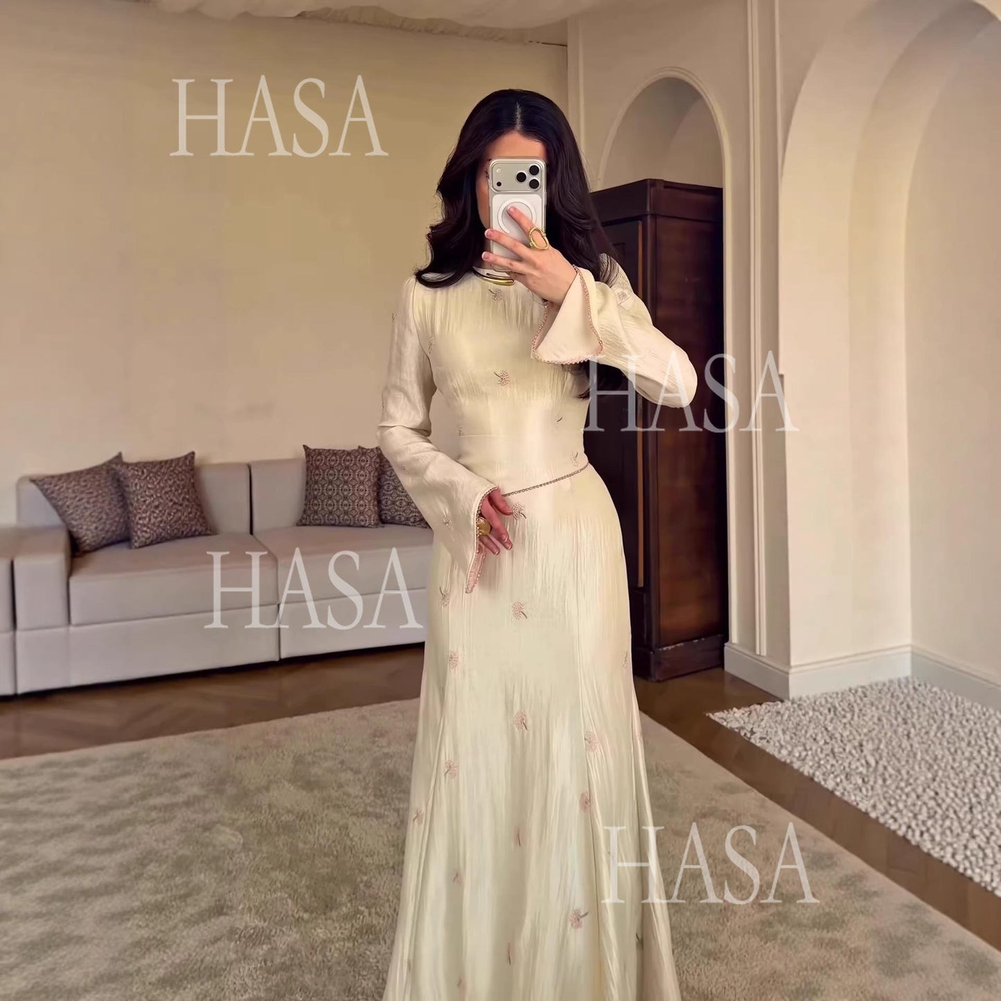 HS6745 Chic Cream Embroidered Long Dress Flare Sleeve Mermaid Maxi Gown
