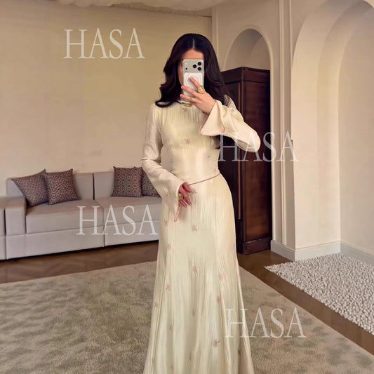 HS6745 Chic Cream Embroidered Long Dress Flare Sleeve Mermaid Maxi Gown
