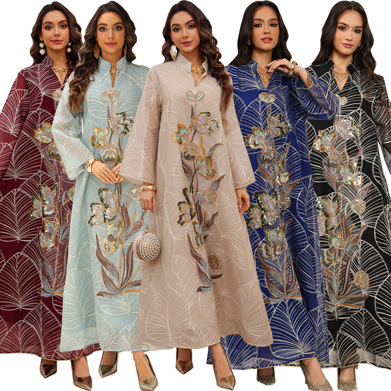 HS6657 Women's Long Robe Dress with Mesh Embroidery