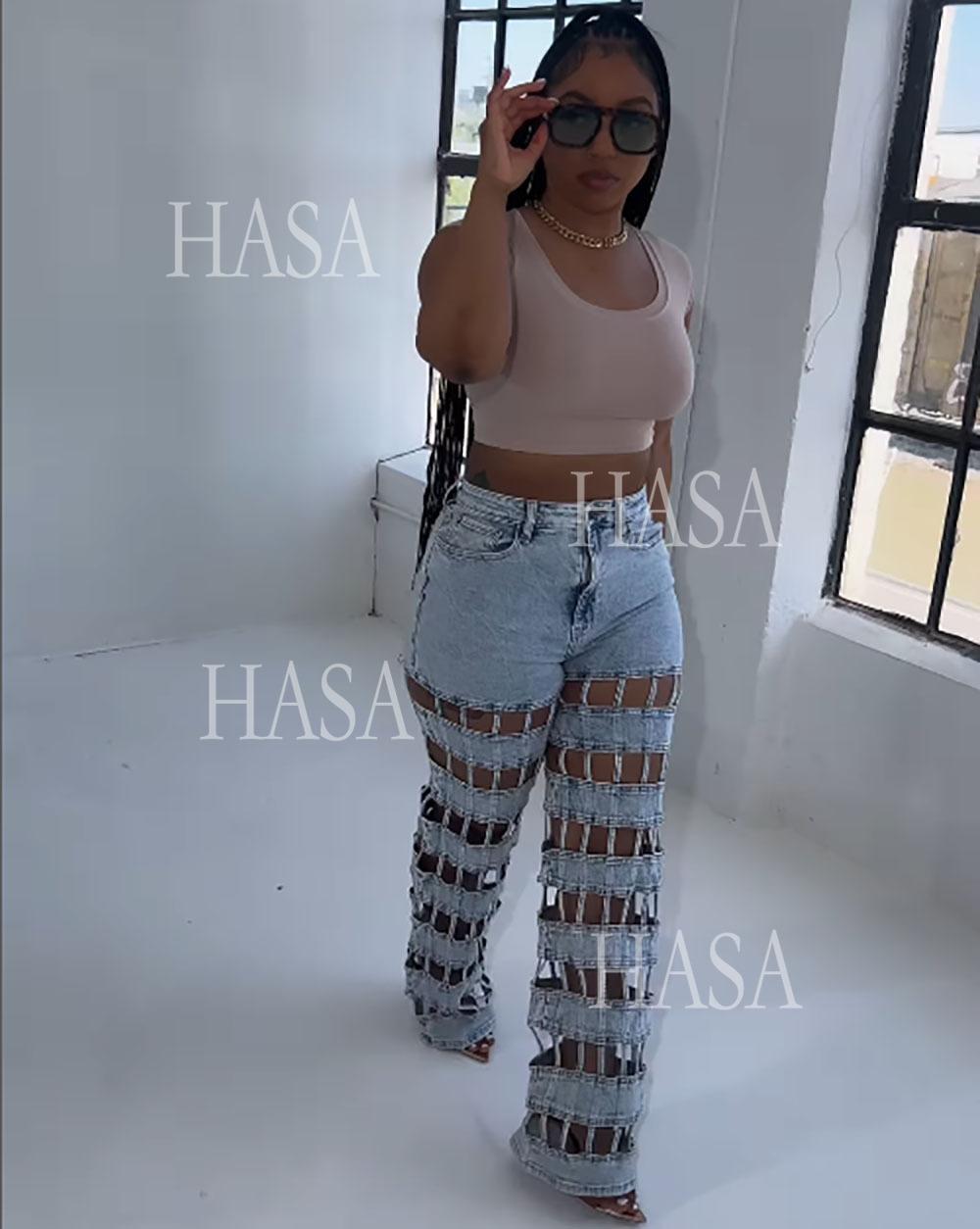 HASA HS6778 Statement High Waist Denim Pants with Cutout Leg Detail