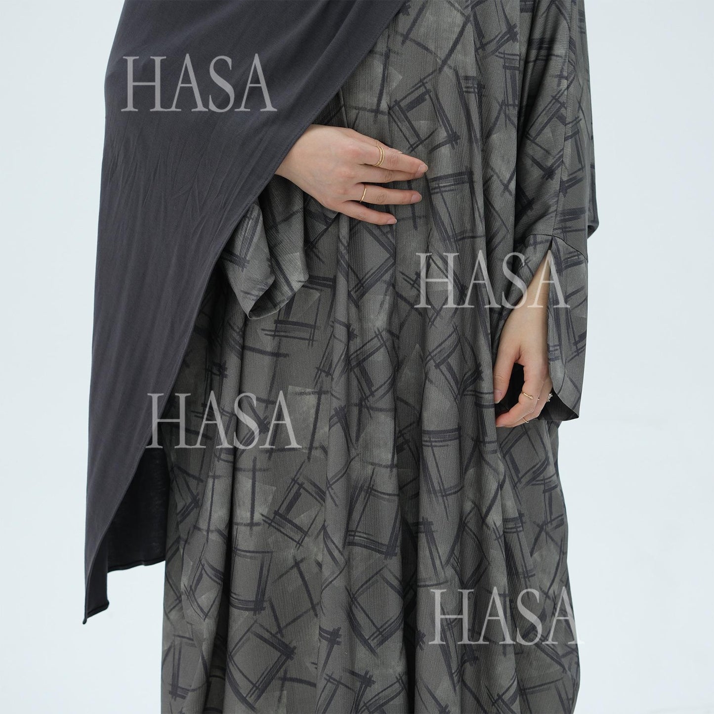 HS6504 Grey geometric print long cardigan Abaya (headscarf not included)