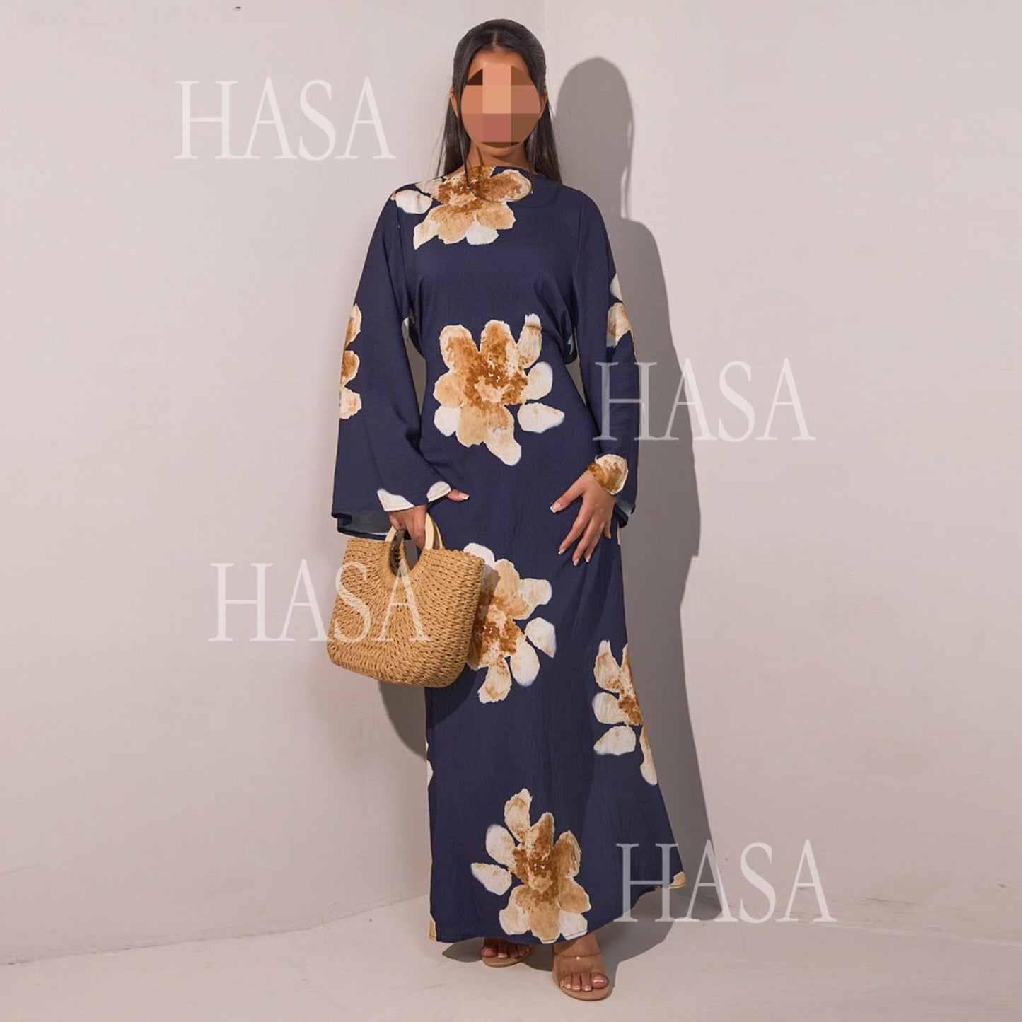 HS6503 Long-sleeved Waist-length Printed Dress (one Piece)
