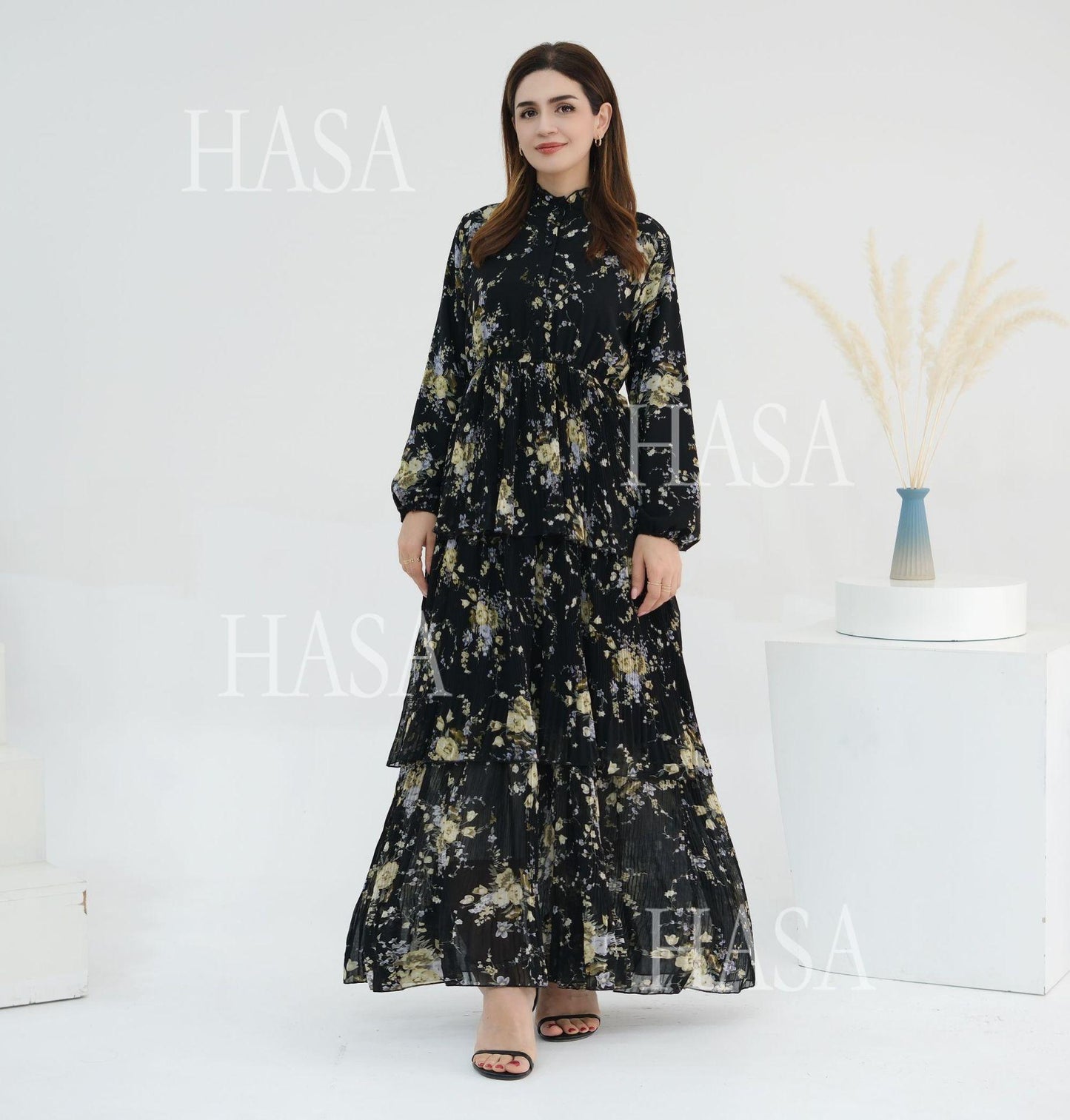 HS6500  Romantic Layered Print Long Dress