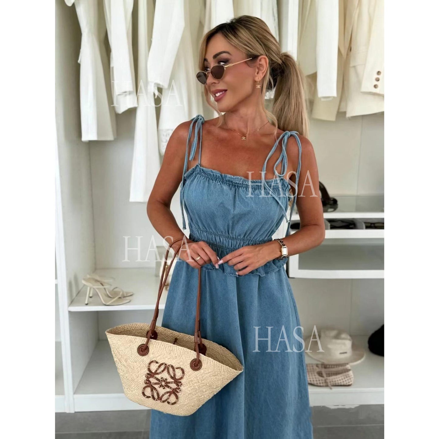 HASA HS6790 Chic Sleeveless Denim Maxi Dress with Flowy A Line Skirt