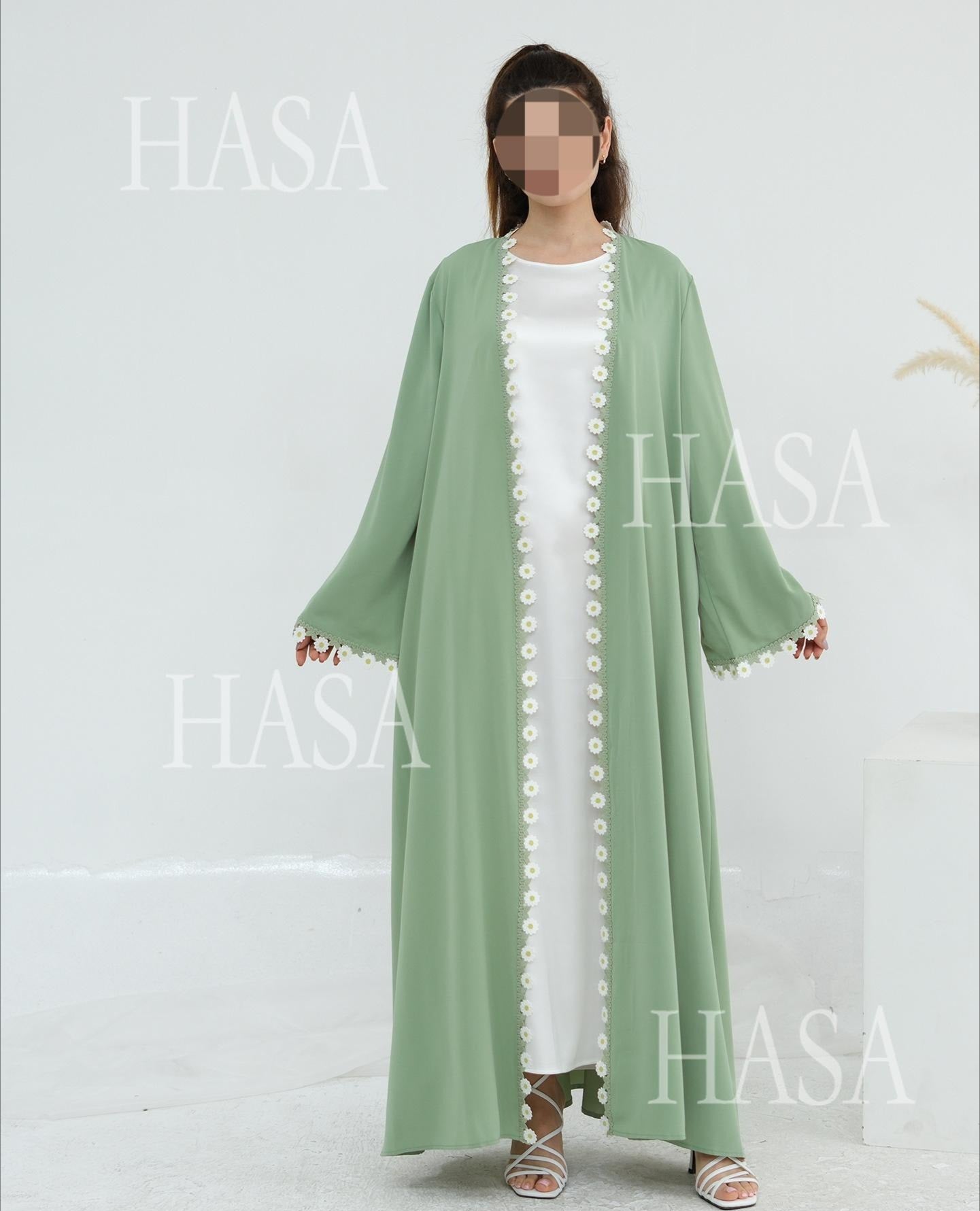 HS6616 Green Flower Stitching Cardigan Two-Piece Set (Including Headscarf)