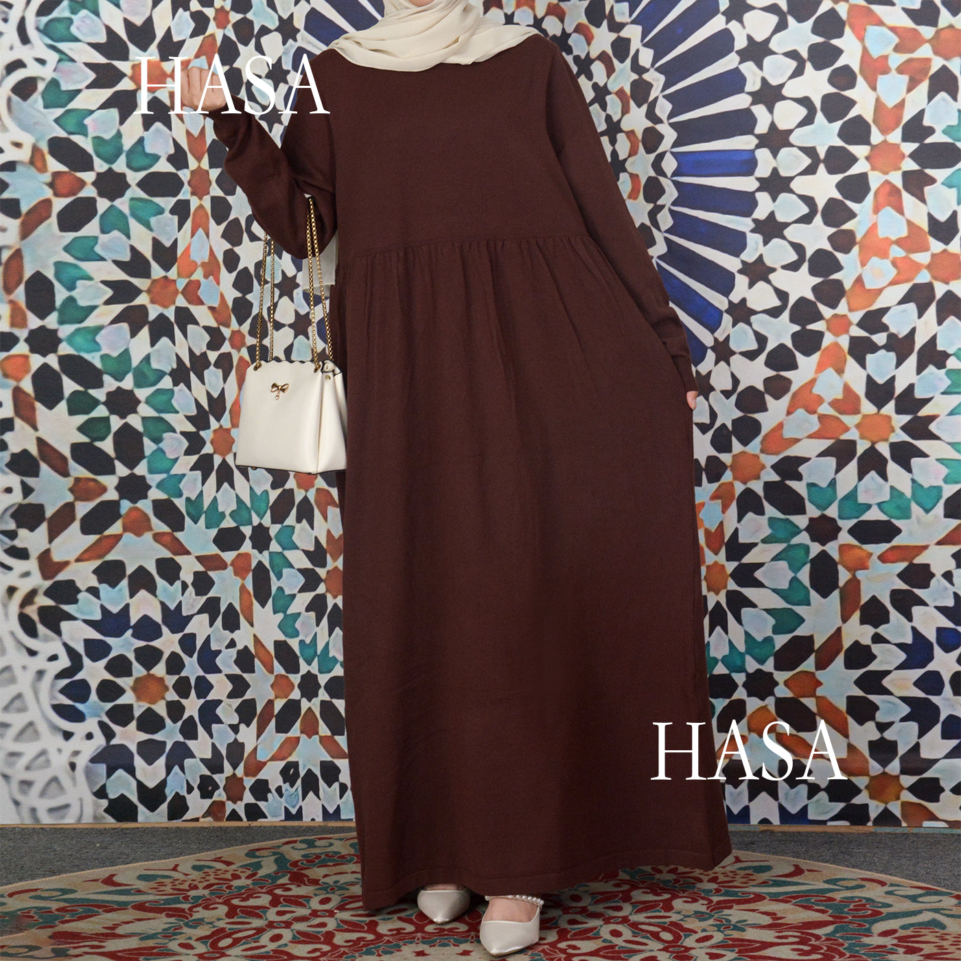 HS0116 Muslim Solid colours knitted long abaya dress in Loose fitting waist