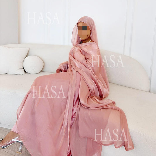 HS6553  Two-Piece Solid Abaya with Beaded Details and Matching Scarf Option