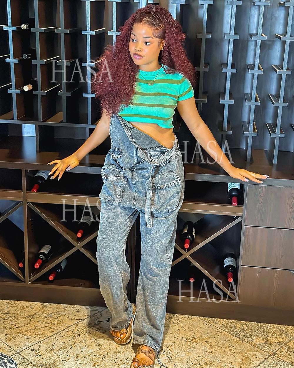 HASA HS4518 Bold Streetwear Split Leg Denim Jumpsuit Pants