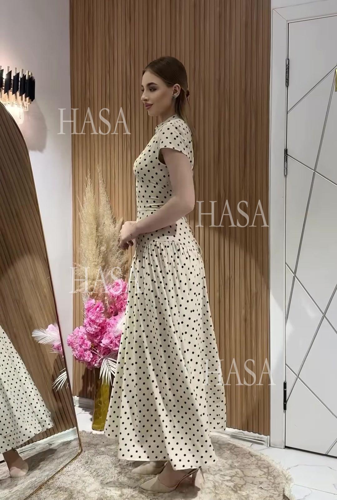 HS6740 Chic Polka Dot Long Dress High Neck Short Sleeve Waisted Maxi Dress