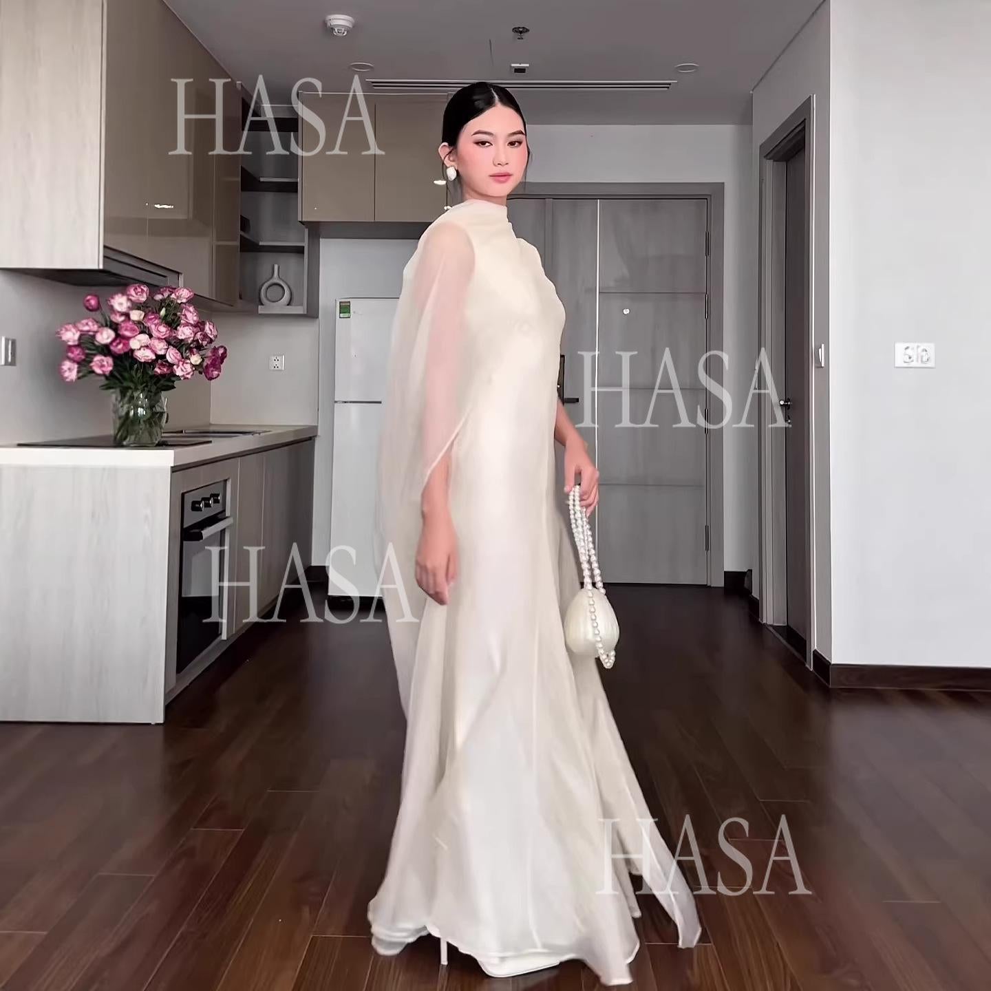 HS6742 Luxury High Neck Cape Dress Flowy Floor-Length Evening Maxi Gown