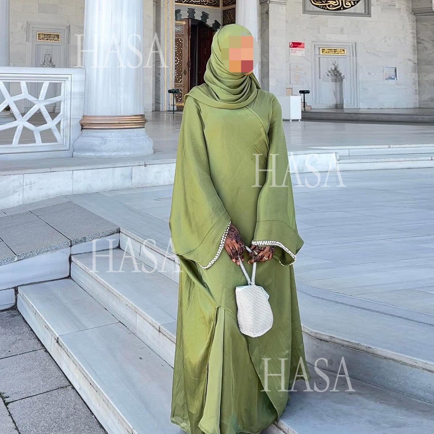 HS6553  Two-Piece Solid Abaya with Beaded Details and Matching Scarf Option