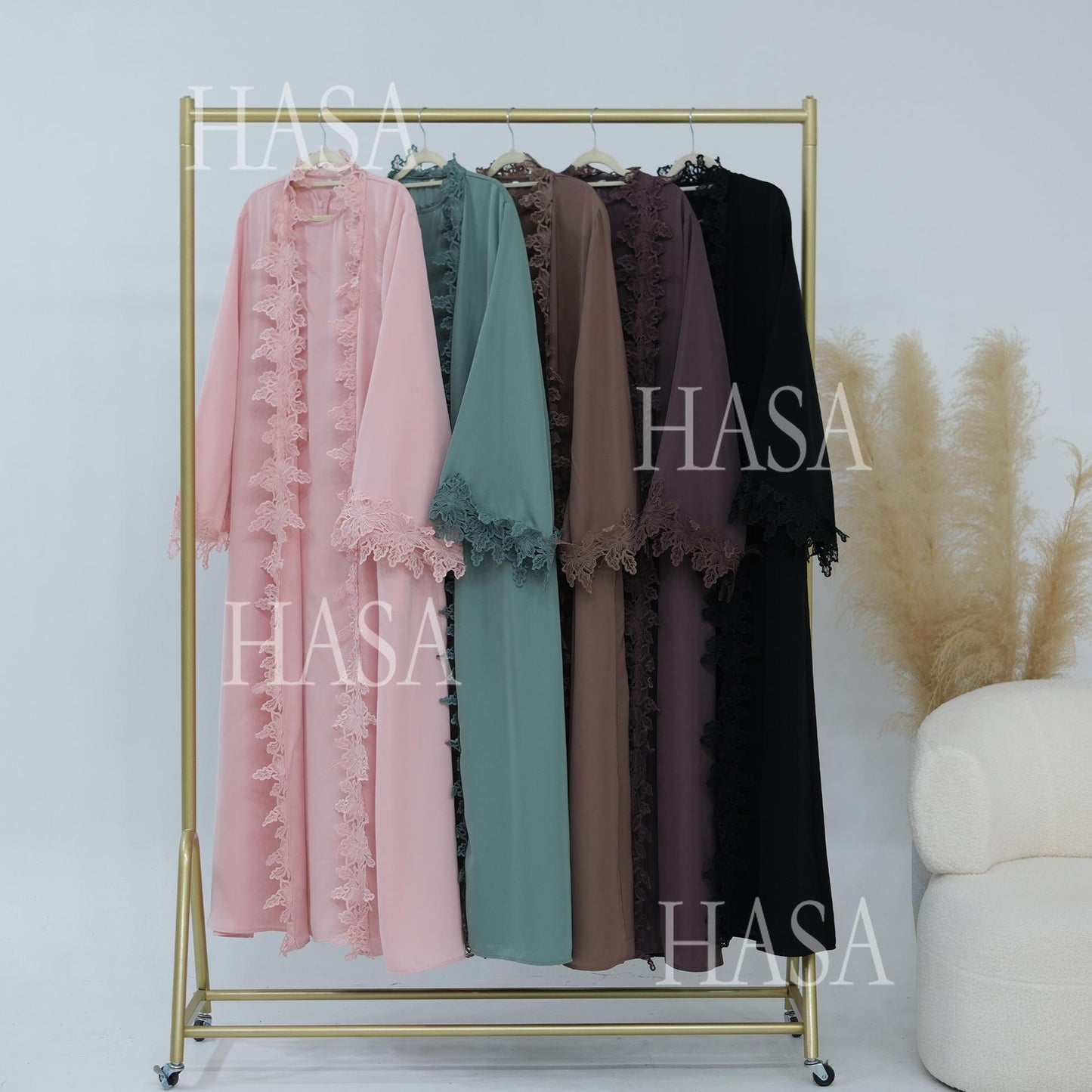 HASA HS6780 Chic Floral Embroidered Open Abaya Two Piece Outfit