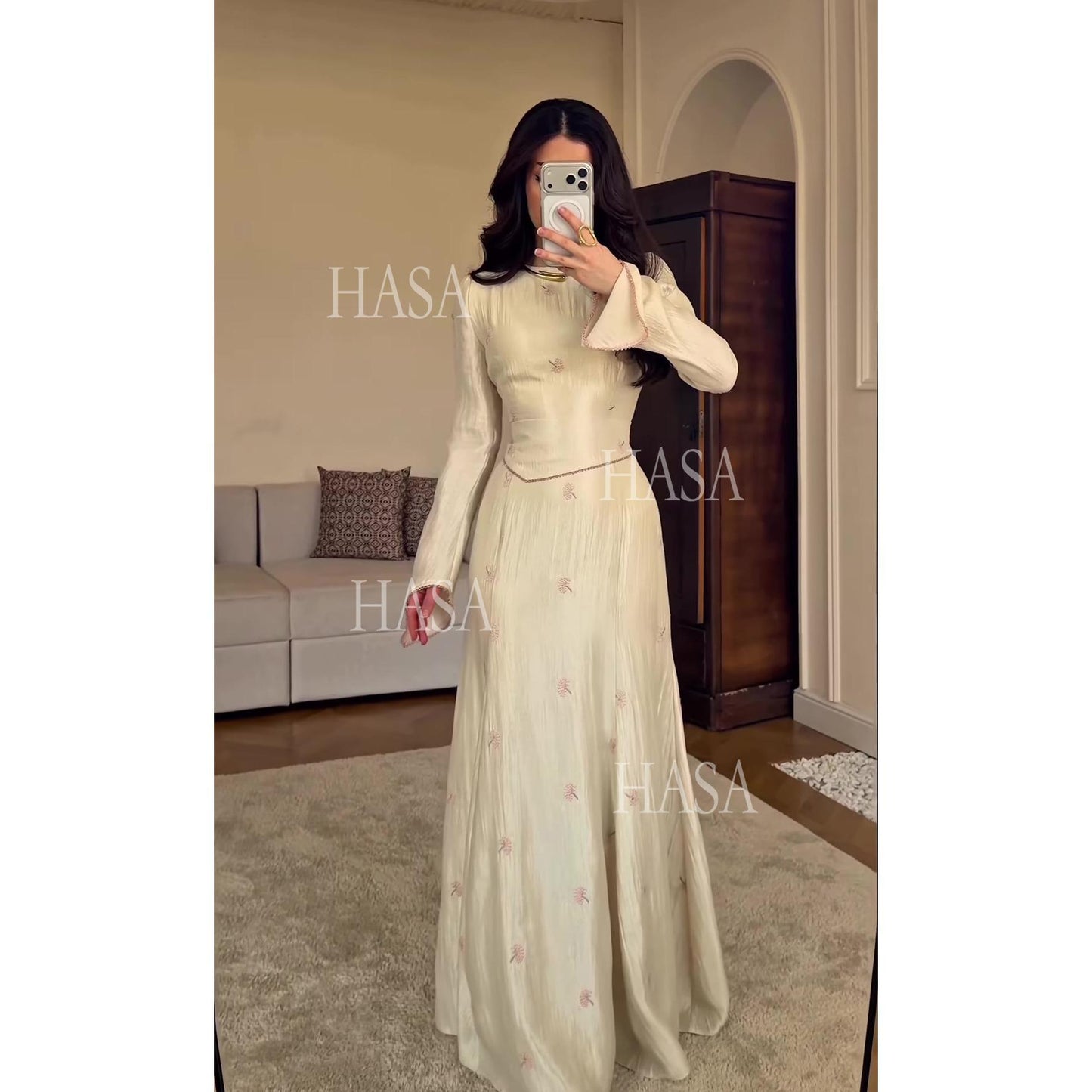 HS6745 Chic Cream Embroidered Long Dress Flare Sleeve Mermaid Maxi Gown