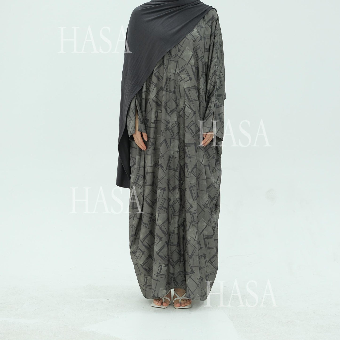 HS6504 Grey geometric print long cardigan Abaya (headscarf not included)