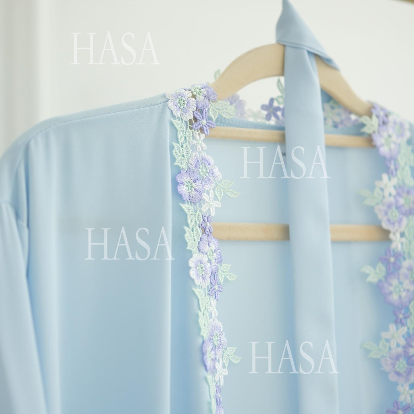 HS6562 Blue Bow Embroidered Abaya Tunic Cardigan