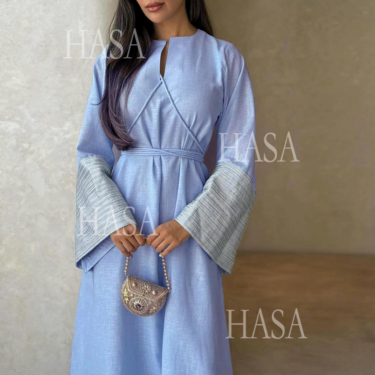 HS6490 Embroidered Panel Sleeve Long Dress