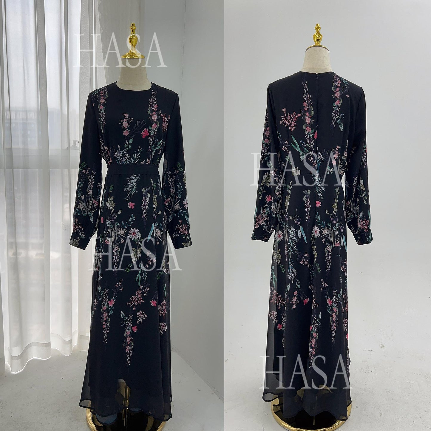 HS6531 Chiffon Printed Ankle-Length Maxi Dress with Long Sleeves