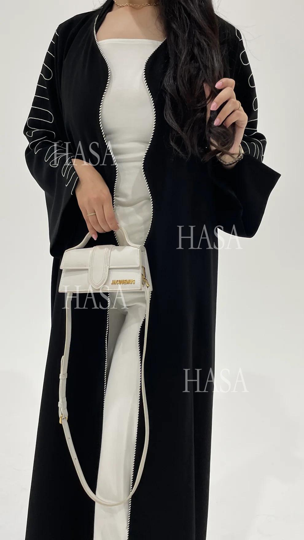 HASA's Series HS6582 Abaya Women's Long Embroidered Cardigan Jacket with Wavy Edges