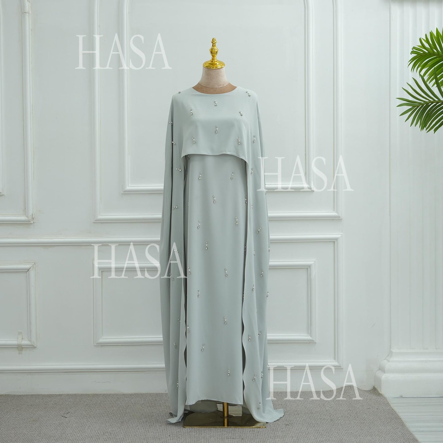 HS6505 Solid color beaded long dress with fake two-piece design