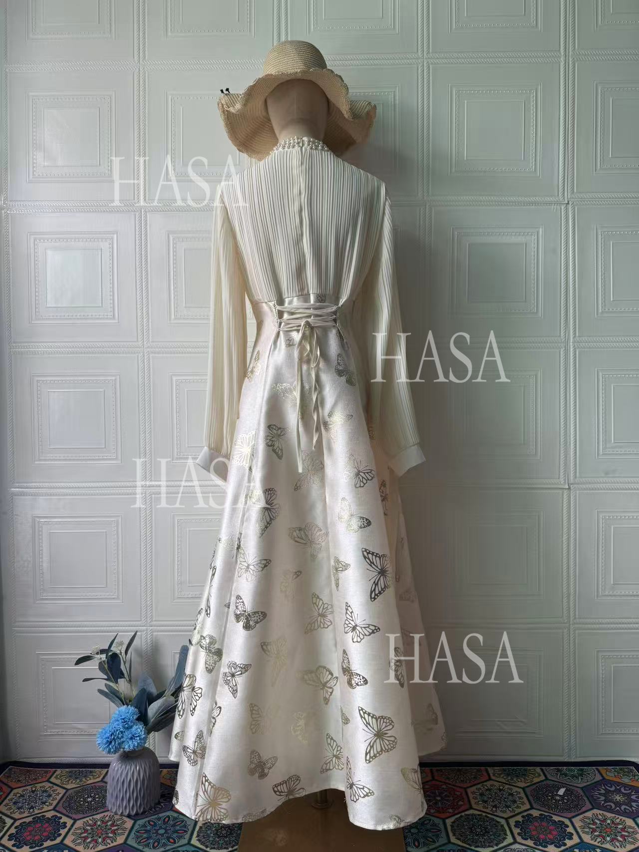 HS6734 Flowy Feminine Maxi Dress with Embroidered Butterfly Design