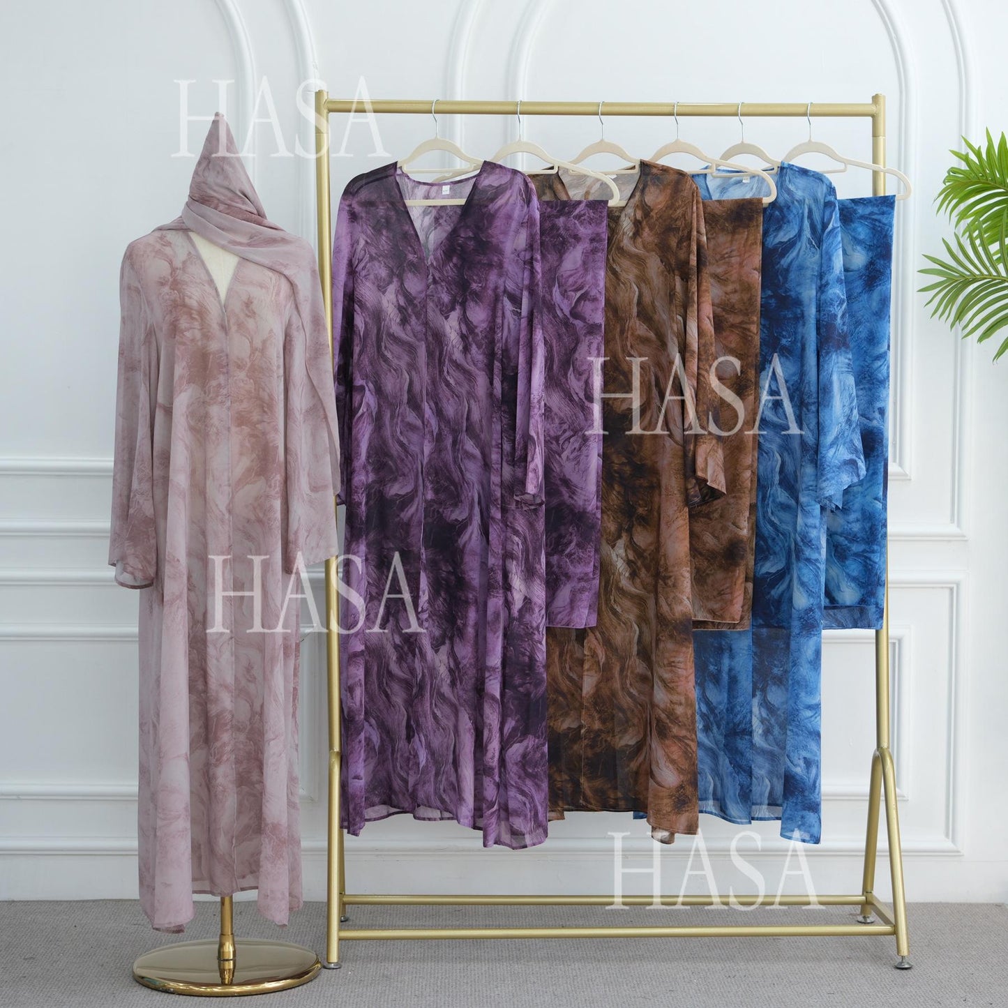 HS6551 Printed Abaya Cardigan with Matching Scarf Two-Piece Set