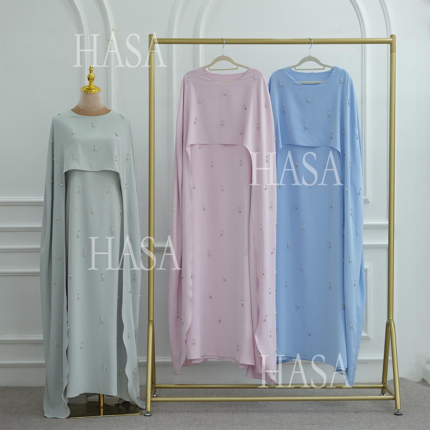 HS6505 Solid color beaded long dress with fake two-piece design