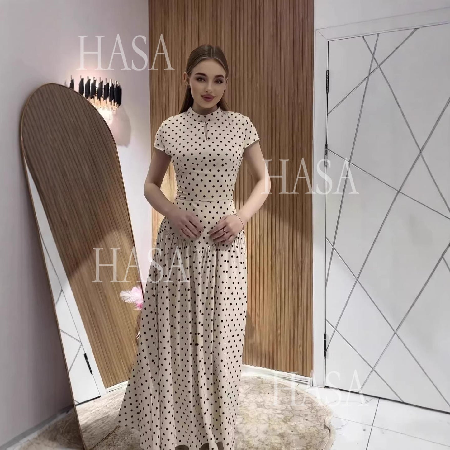 HS6740 Chic Polka Dot Long Dress High Neck Short Sleeve Waisted Maxi Dress