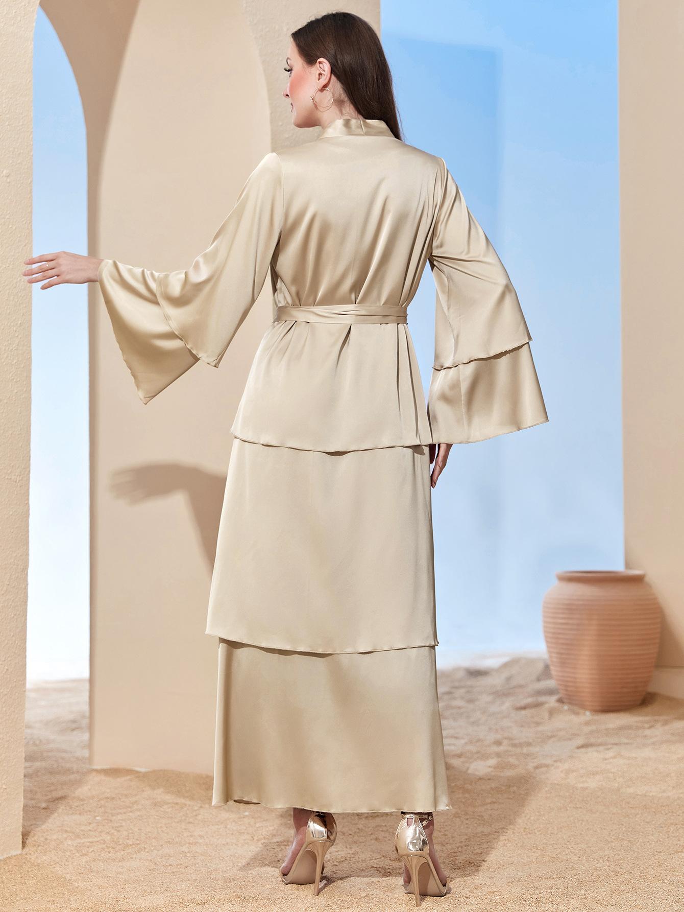 HASASERIES HS0480 Elegant Satin Silk Fabric Three Layer Open Abaya with Two Layer Sleeves