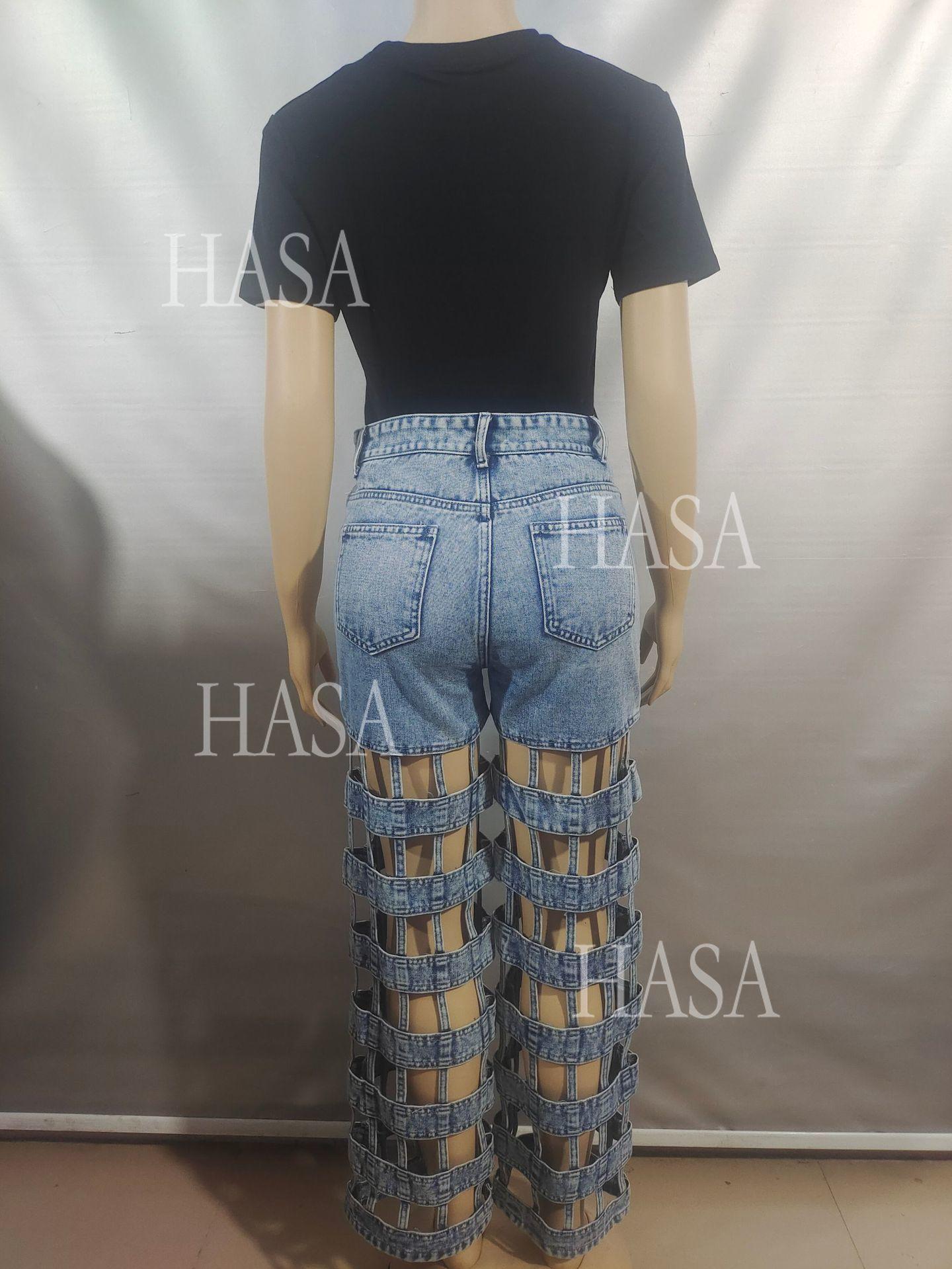 HASA HS6778 Statement High Waist Denim Pants with Cutout Leg Detail