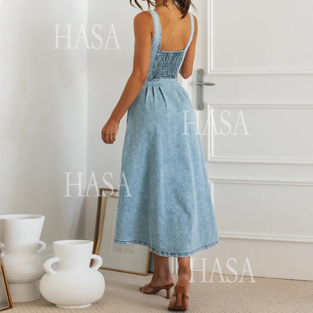 HASA HS6796 Button Front Denim Dress with Flattering Fit