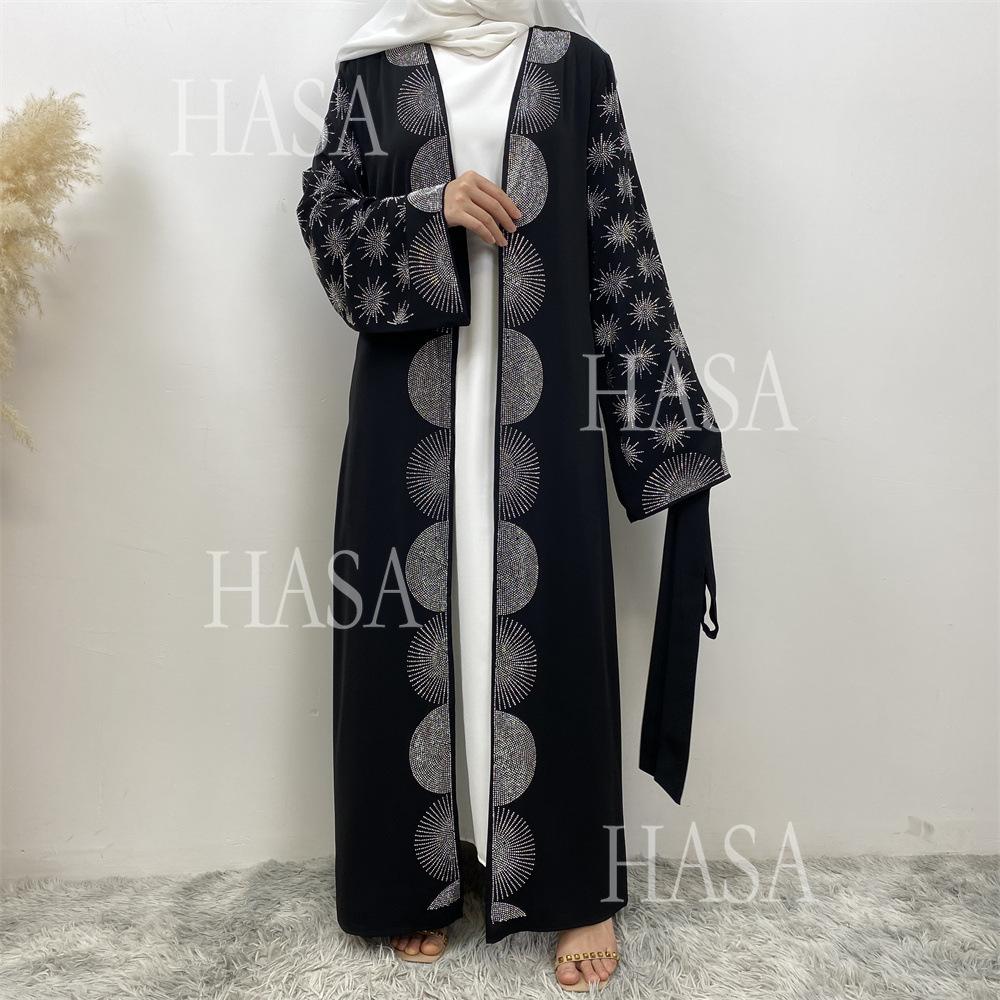 HS6588 Black Cardigan Dress with Rhinestone Embellishment and Pockets