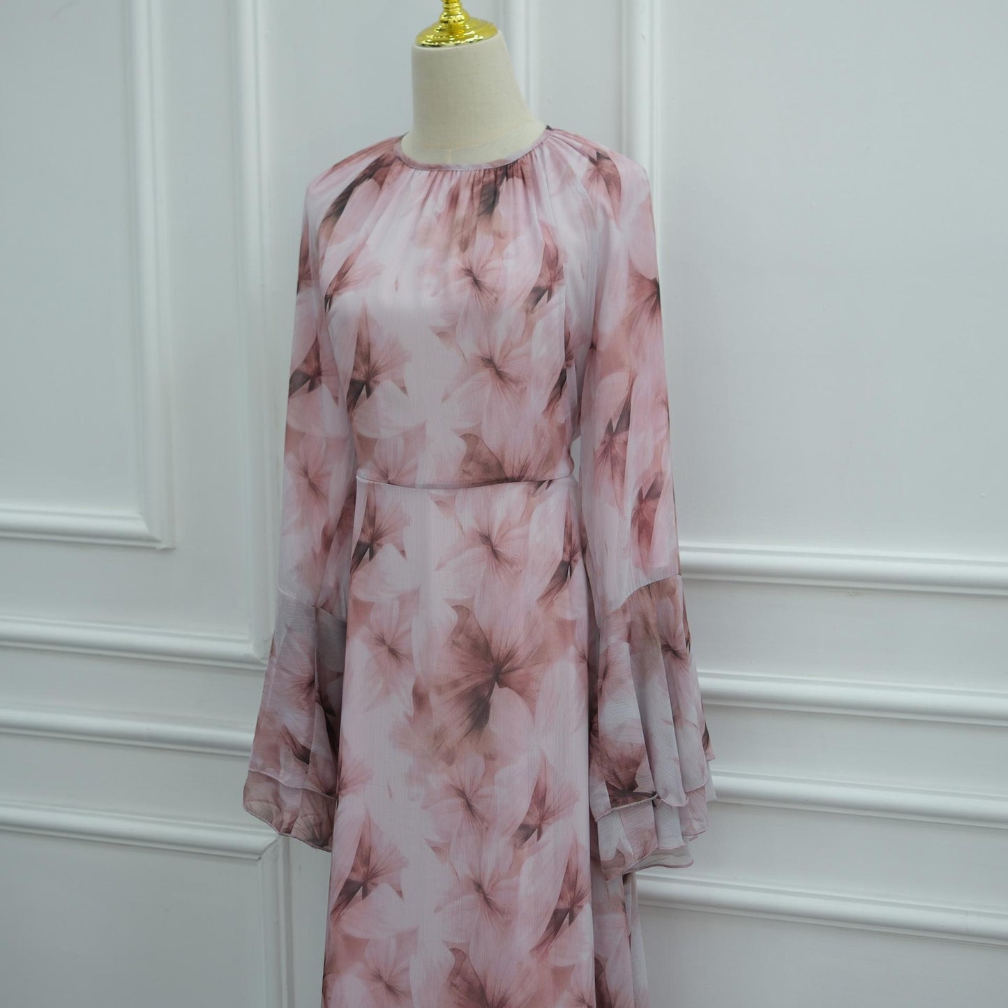 HASA HS6811 Chiffon Floral Maxi Dress Flare Ruffle Sleeve Elegant Long Dress for Women Daily Party Wear