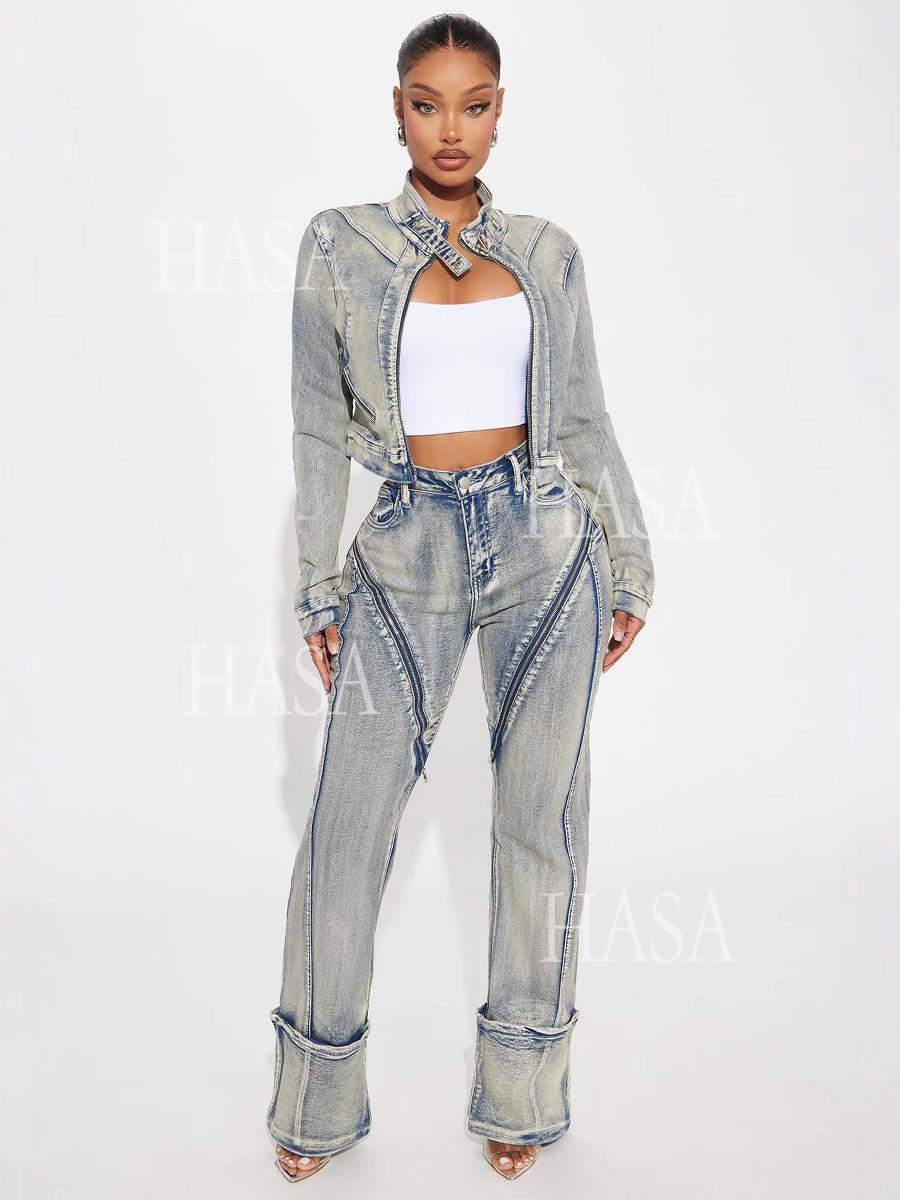 HASA HS6291 Statement Washed Denim Two Piece Outfit with Zip Jacket Detail