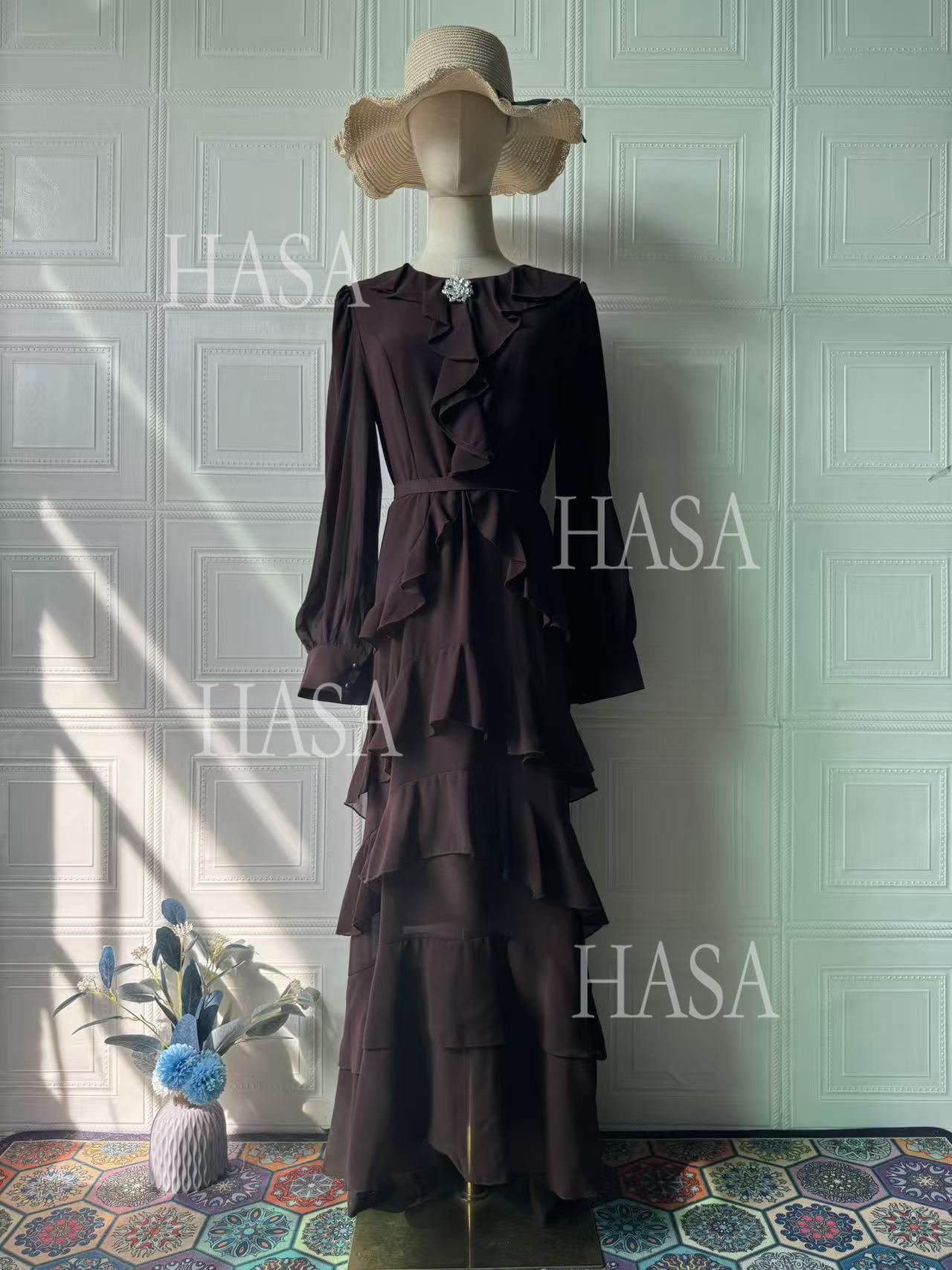 HS6733 Flowy Elegant Maxi Dress with Cascading Ruffles